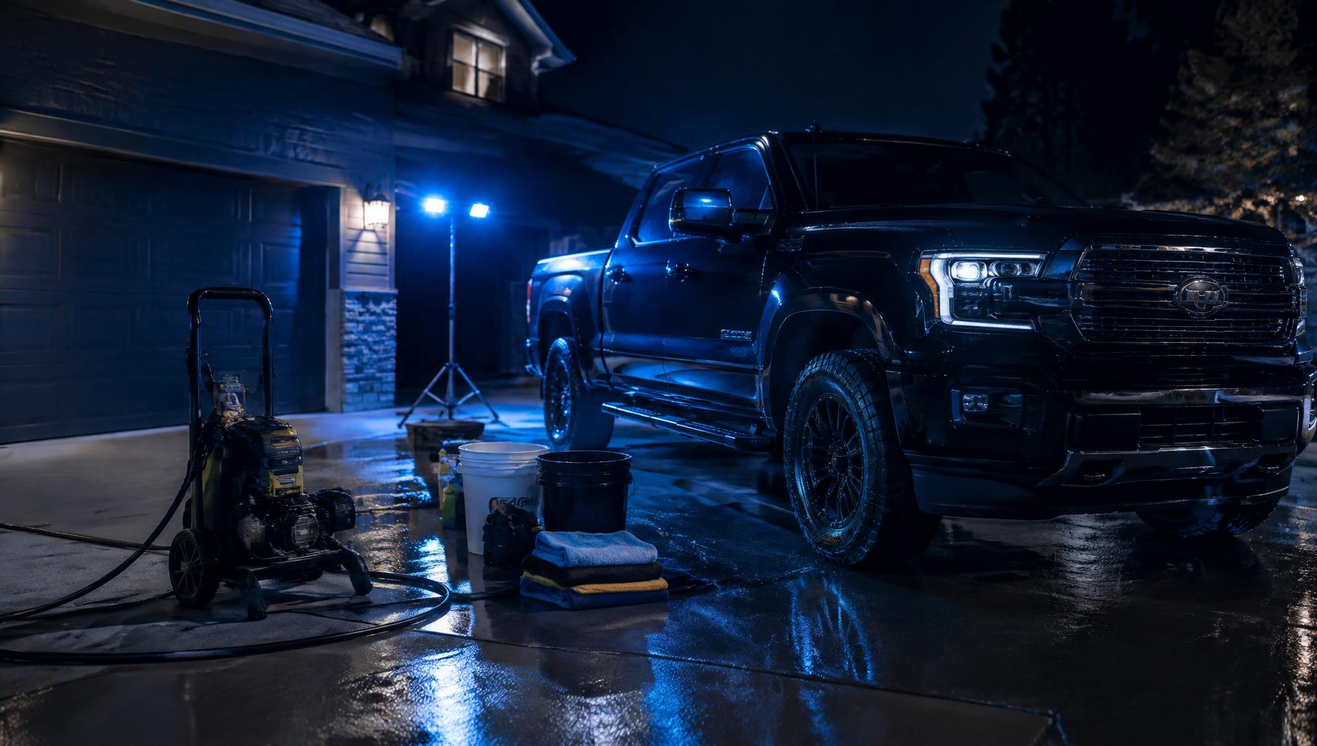 Mobile detailing setup beside a gleaming black truck in a driveway at night