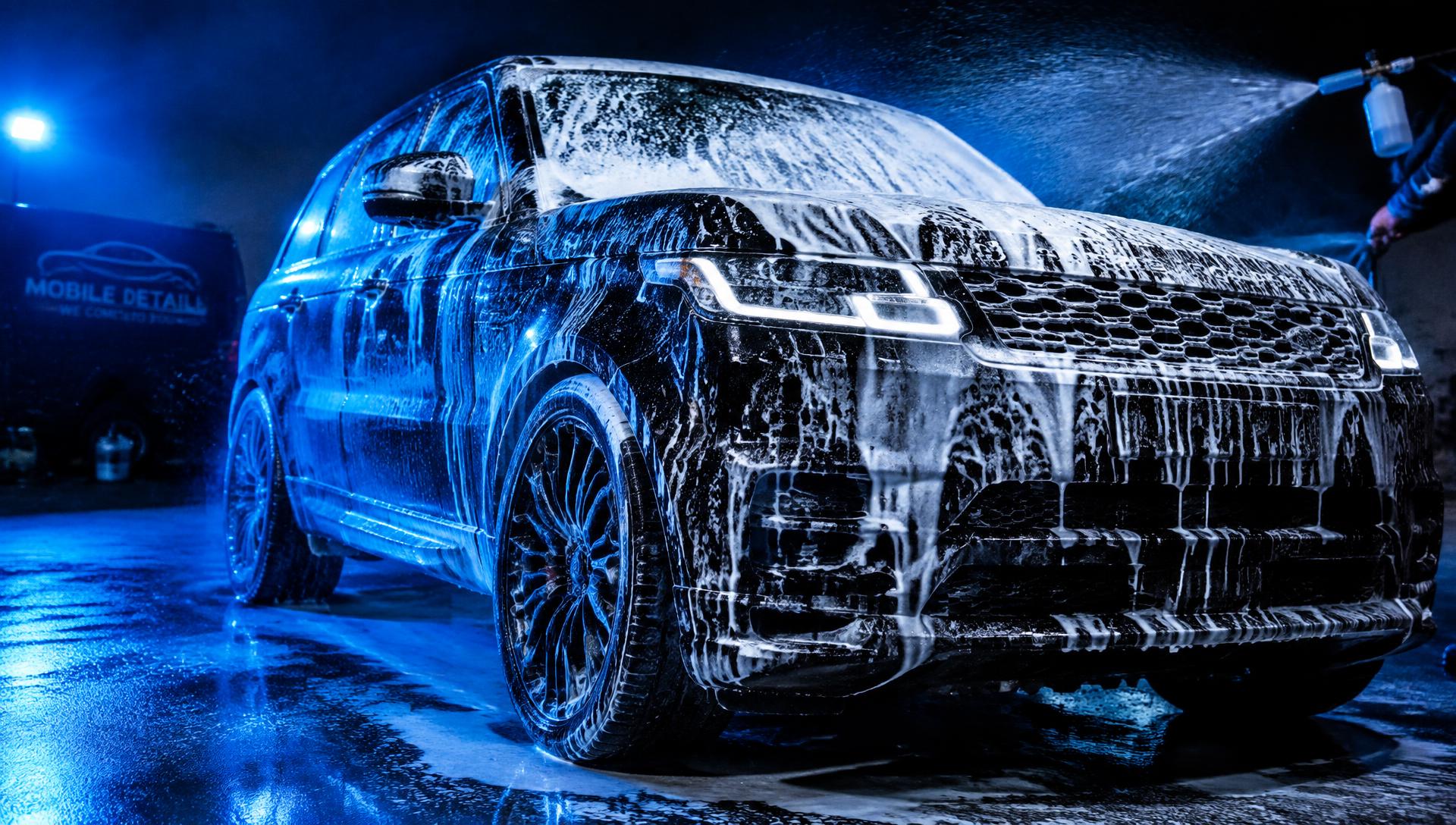 Black SUV covered in thick foam during a mobile detail wash vehicles after detailing